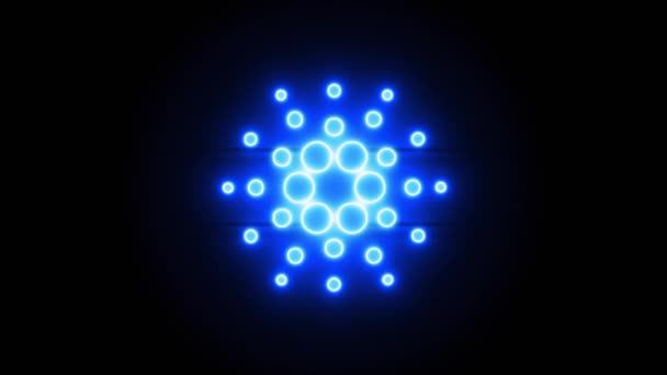 Neon Cardano icona appaiono al centro e scompaiono dopo qualche tempo. Loop animazione di neon criptovaluta simbolo — Video Stock