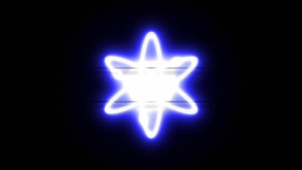 Неоновая икона Космос появляется в центре и исчезает через некоторое время. Анимация цикла неоновой криптовалюты — стоковое видео