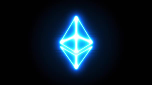 Ikon Neon Ethereum muncul di tengah dan menghilang setelah beberapa waktu. Animasi loop dari simbol neon cryptocurrency — Stok Video