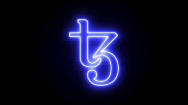 Neon Tezos ikon jelenik meg a központban, és eltűnik egy idő után. Neon cryptocurrency szimbólum hurok animációja — Stock videók