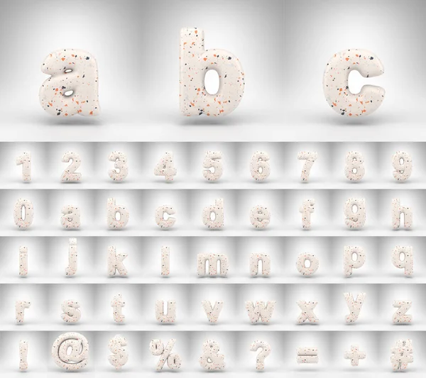Alfabeto patrón de terrazo sobre fondo blanco. Letras 3D números y símbolos de fuente con textura de terrazo. —  Fotos de Stock