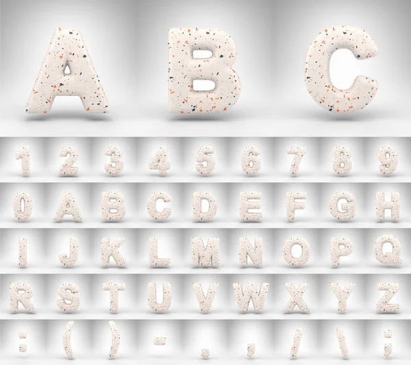 Alfabeto patrón de terrazo sobre fondo blanco. Letras 3D números y símbolos de fuente con textura de terrazo. —  Fotos de Stock