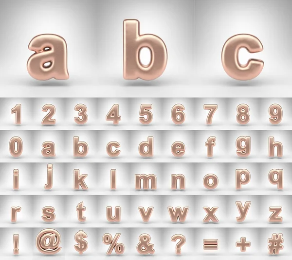 Alfabeto de cobre mate sobre fondo blanco. Números de letras 3D y símbolos de fuente con textura metálica brillante. —  Fotos de Stock
