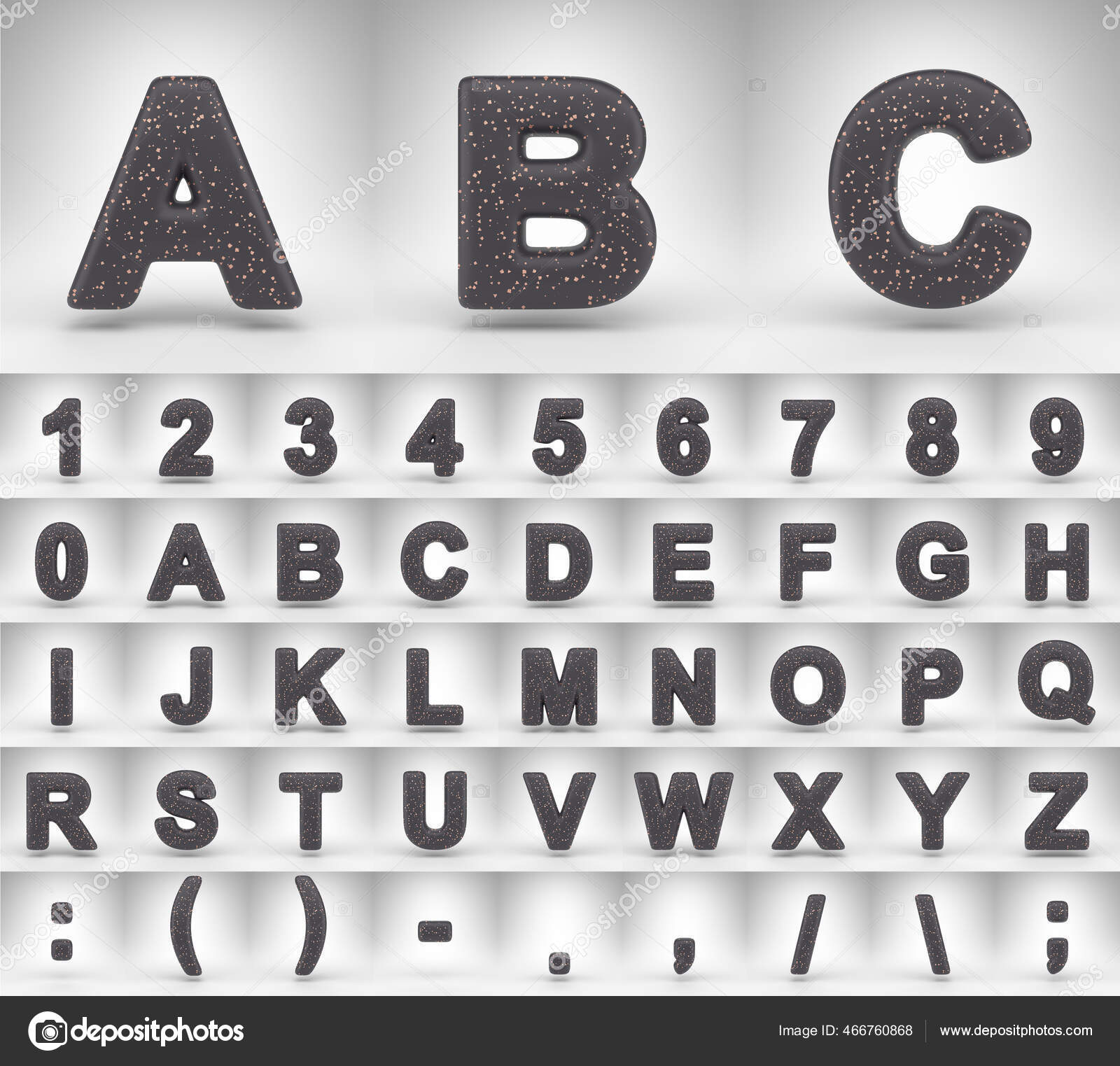Schwarzes mattes Alphabet auf weißem Hintergrund. 3D Buchstaben Zahlen und  Schriftsymbole mit Kupferpunkten. - Stockfotografie: lizenzfreie Fotos ©  whitebarbie 466760868