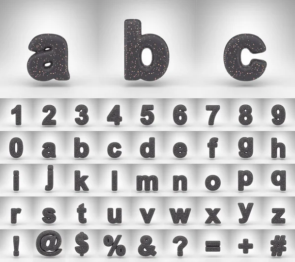 Black matte alphabet on white background. 3D letters numbers and font symbols with copper dots. — Stock Photo, Image