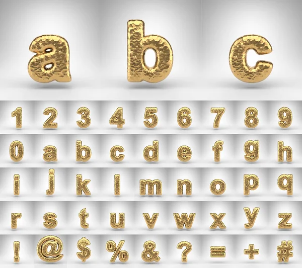 Hammered brass alphabet on white background. 3D letters numbers and font symbols with shiny metallic texture. — Stock Photo, Image