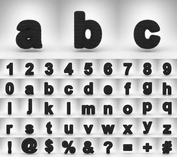 Black carbon fiber alphabet on white background. 3D letters numbers and font symbols with carbon thread texture. —  Fotos de Stock