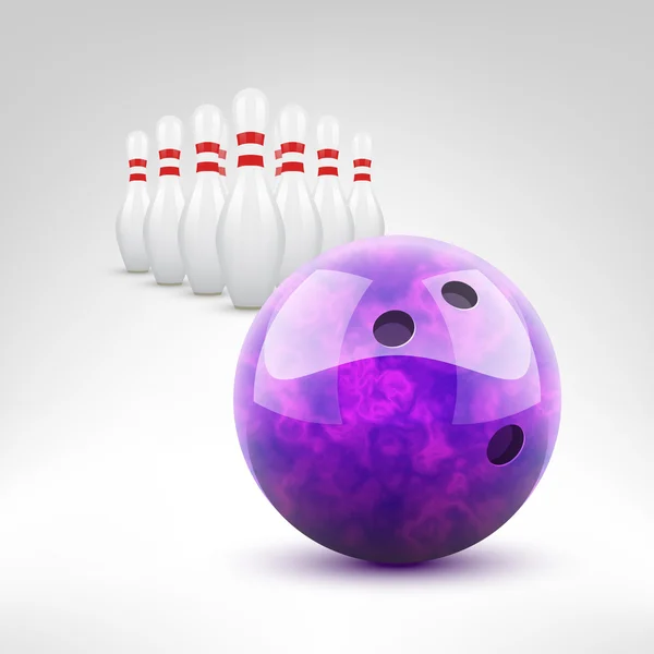 Fialový bowlingovou kouli a kolíky — Stockový vektor