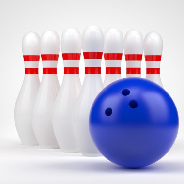 Mavi bowling topu ve toplu iğneler