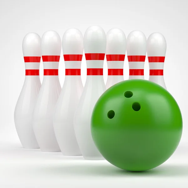 Green bowling ball and pins — Stock Photo, Image