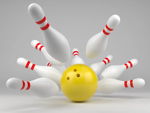 Żółty piłki bowling i kręgle rozproszone — Zdjęcie stockowe