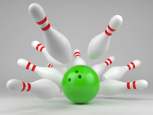 Zielone piłki bowling i kręgle rozproszone — Zdjęcie stockowe