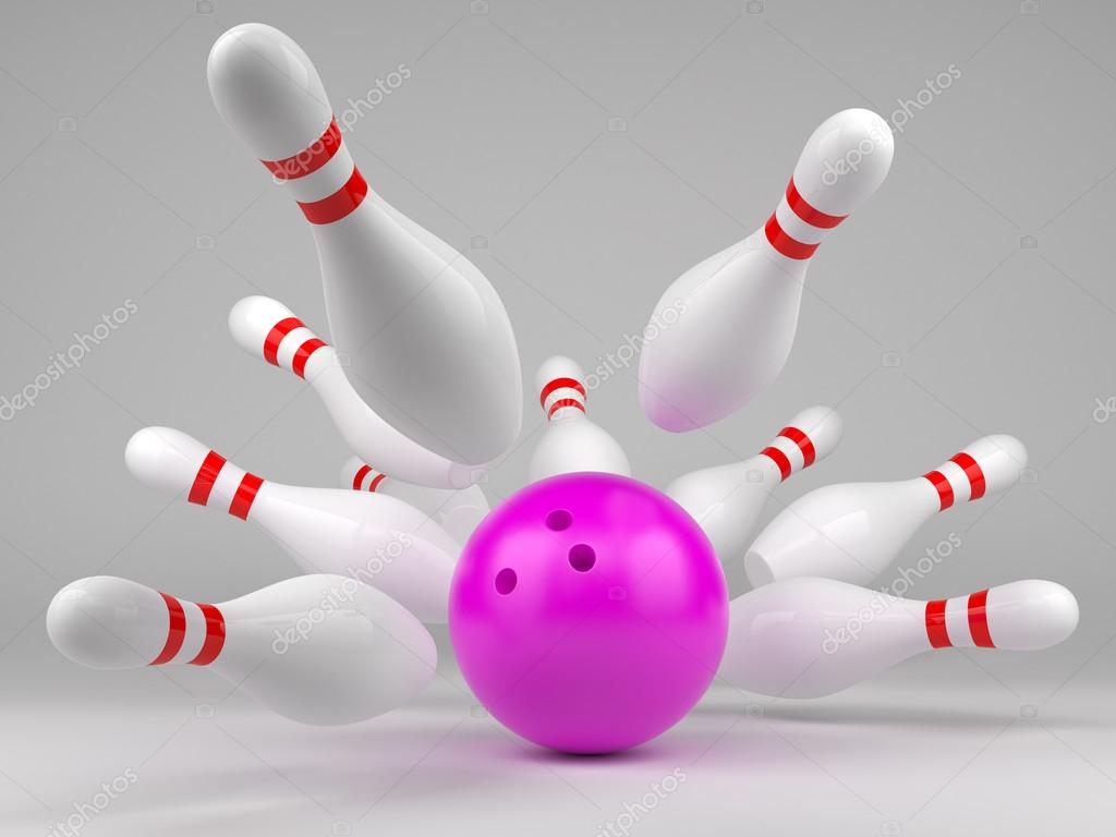 Boule de bowling rose et skittles épars — Photographie whitebarbie