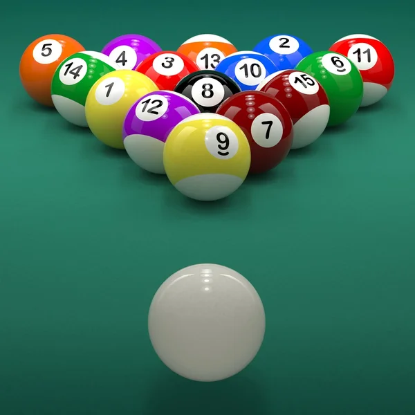 Billiard balls with cue on table — Stock fotografie