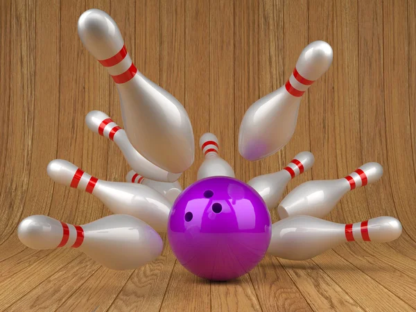 Bowling ball and scattered skittles — Stock Photo, Image