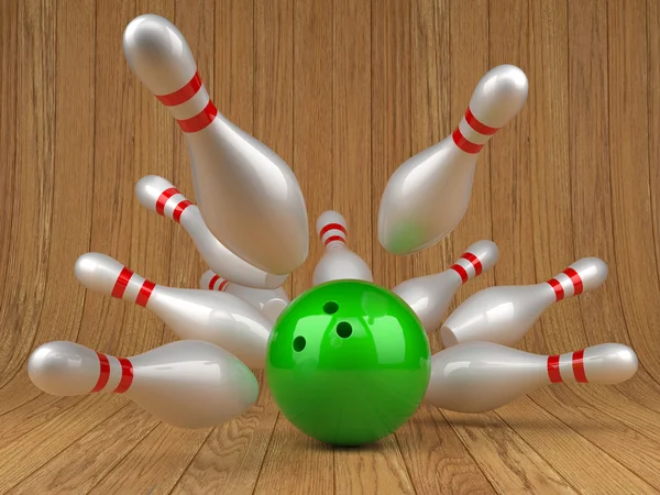 Bowling ball and scattered skittles — Stockfoto