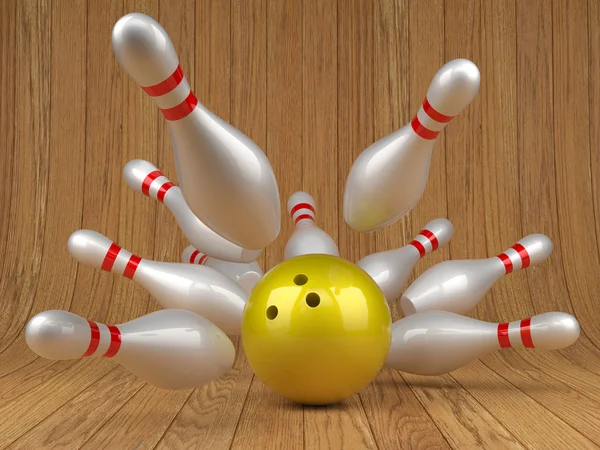 Bowling ball and scattered skittles — Stockfoto