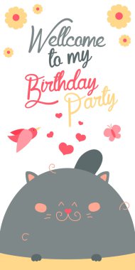 Mutlu doğum günü davetiyesi ile sevimli kedi