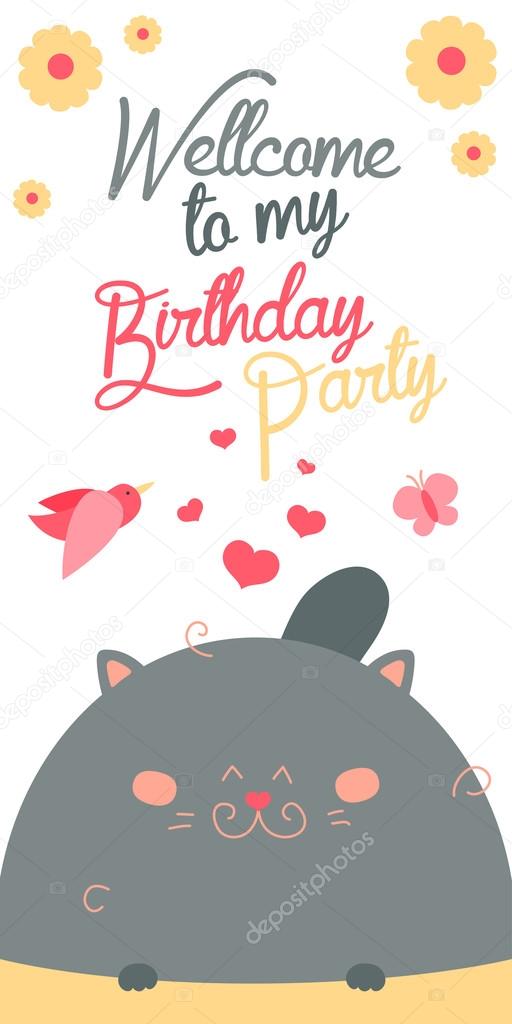 Happy birthday invitation with cute cat