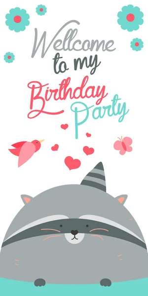 Happy birthday invitation with cute raccoon — Stock Vector