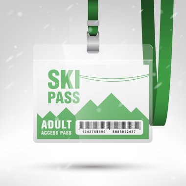 Ski pass vector illustration. Blank ski pass template with barcode in plastic holder with green lanyard. Horizontal layout.
