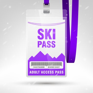 Ski pass vector illustration. Blank ski pass template with barcode in plastic holder with violet lanyard. Vertical layout.