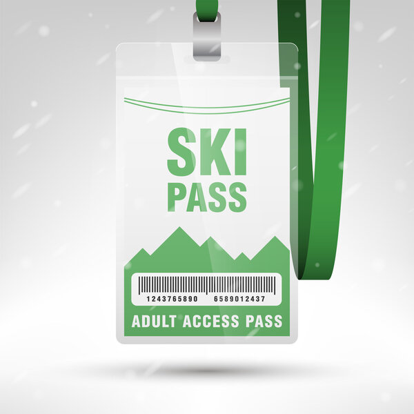 Ski pass vector illustration. Blank ski pass template with barcode in plastic holder with green lanyard. Vertical layout.