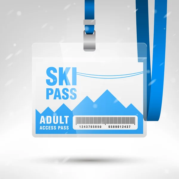 Ski pass vector illustration. Blank ski pass template with barcode in plastic holder with blue lanyard. Horizontal layout. — Wektor stockowy