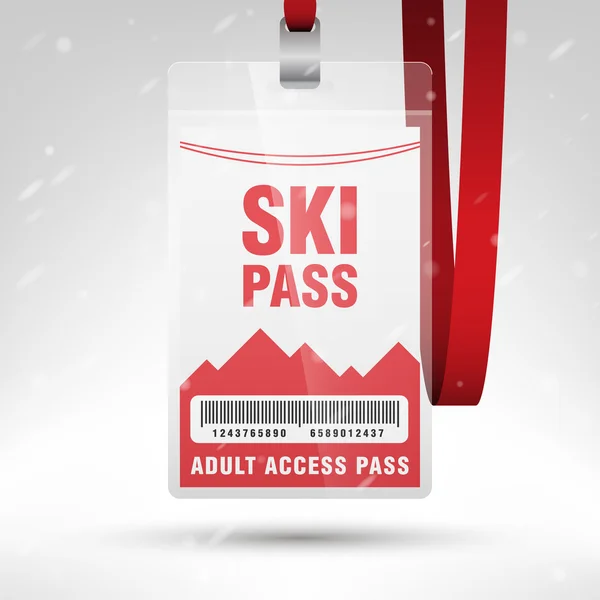 Ski pass vector illustration. Blank ski pass template with barcode in plastic holder with red lanyard. Vertical layout. — Wektor stockowy