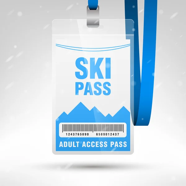 Ski pass vector illustration. Blank ski pass template with barcode in plastic holder with blue lanyard. Vertical layout. — Stockvector