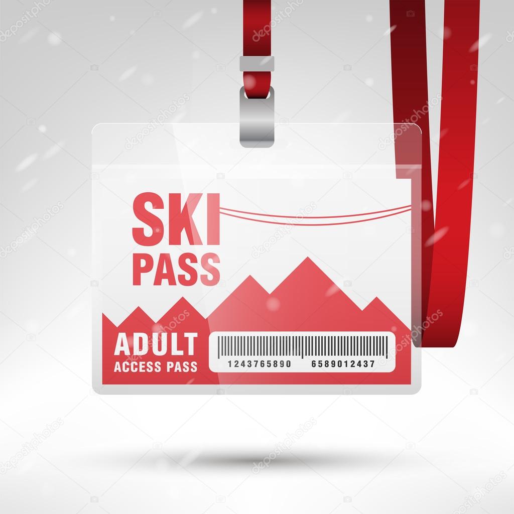 Ski pass vector illustration. Blank ski pass template with barcode in plastic holder with red lanyard. Horizontal layout.