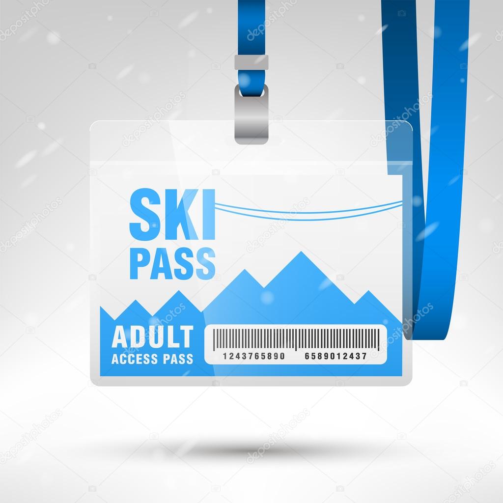 Ski pass vector illustration. Blank ski pass template with barcode in plastic holder with blue lanyard. Horizontal layout.