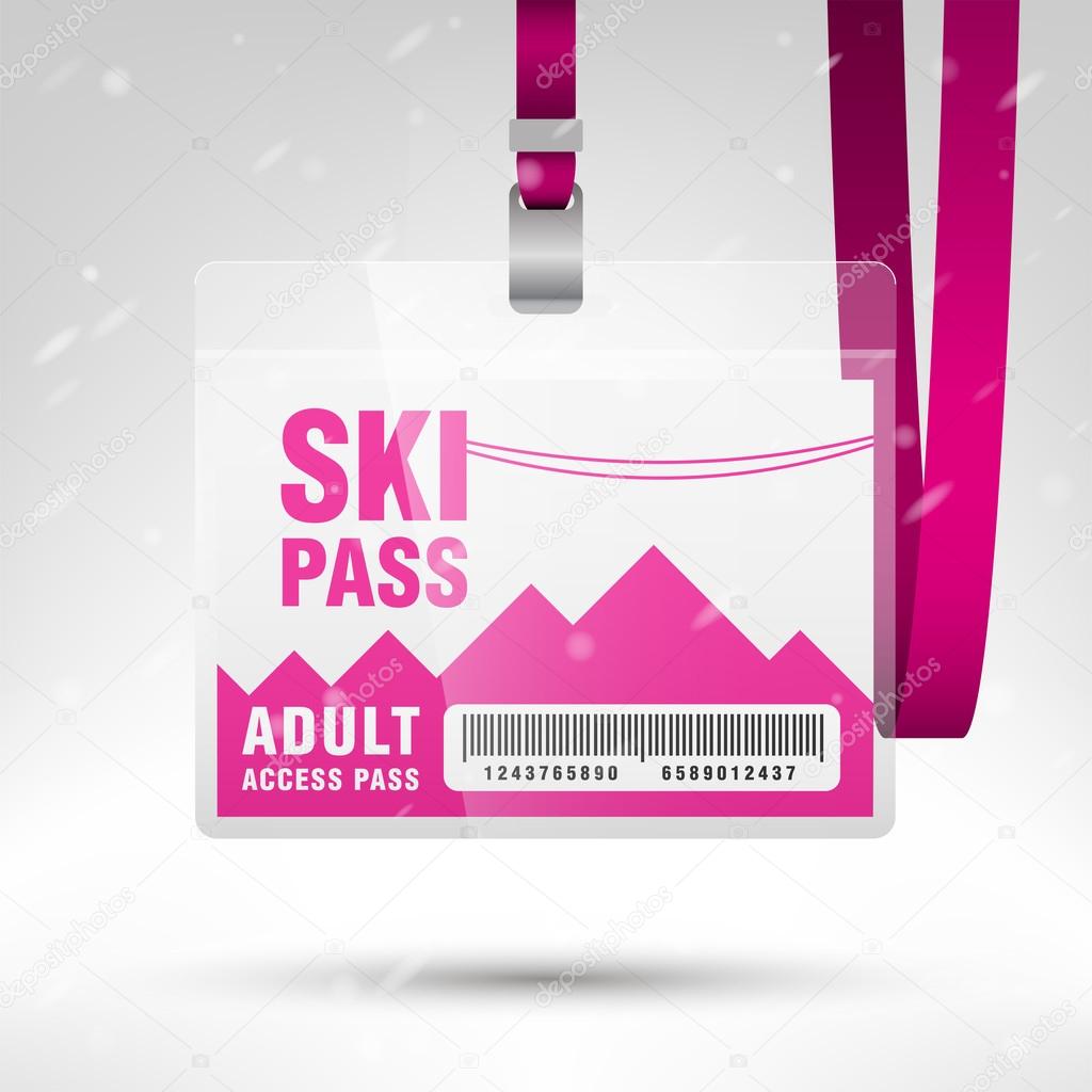 Ski pass vector illustration. Blank ski pass template with barcode in plastic holder with pink lanyard. Horizontal layout.