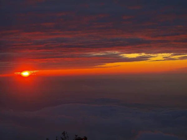 Zonsondergang Met Wolkenzee Boven Hoge Bergen — Stockfoto