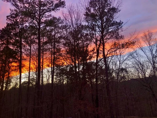 Sonnenuntergang Hinter Bergrücken Beleuchtet Wolkenbank Winter Leuchtenden Farben Wald — Stockfoto