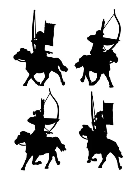 Mounted samurai archers silhouette set.