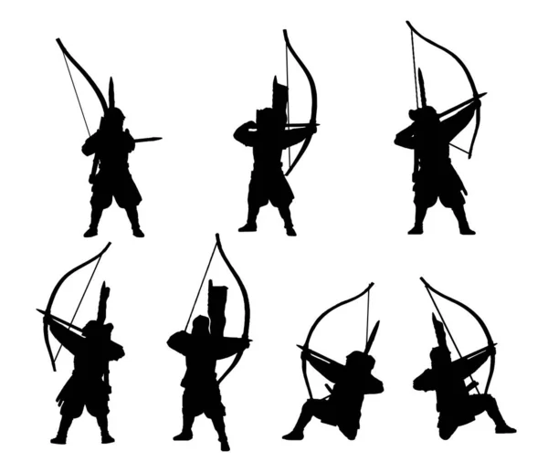 Samurai Arcieri Silhouette Set Isolato Vettore — Vettoriale Stock