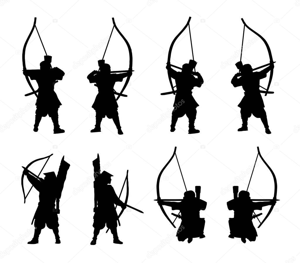 Samurai-archers silhouette set isolated in vector.