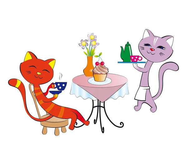 Dois gatos um vetor uma ilustração que desenha café de rua para tomar chá o caráter — Vetor de Stock