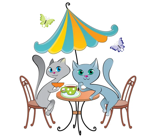 Две кошки вектор иллюстрация рисунок улица кафе, чтобы иметь чай характер зонтик — стоковый вектор