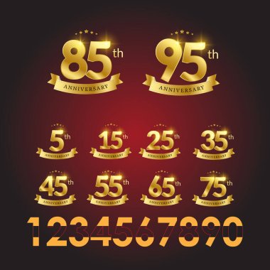 set 95, 85, 75, 65, 55, 45, 35, 25, 15 years design template. Anniversary vector and illustration template clipart