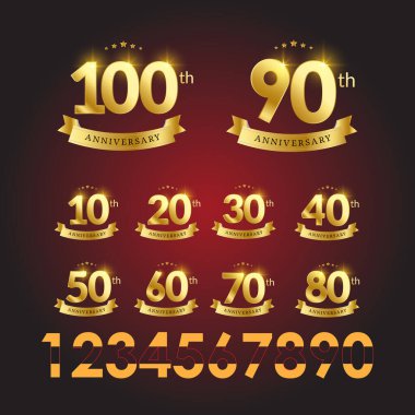 set 100, 90, 80, 70, 60, 50, 40, 30, 20, 10 years design template. Anniversary vector and illustration template clipart