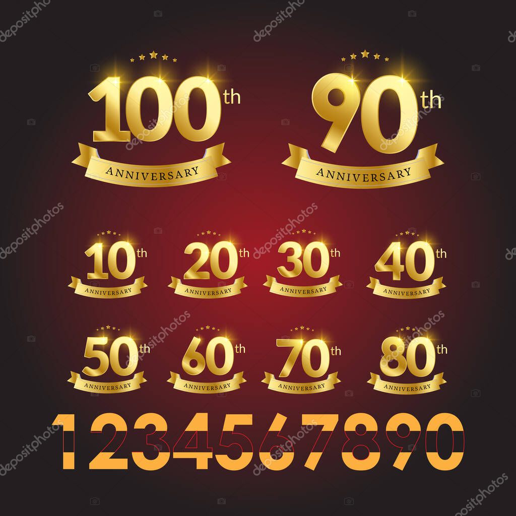 Set 100, 90, 80, 70, 60, 50, 40, 30, 20, 10 years design template. Anniversary vector and illustration template