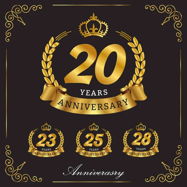 Set Anniversaire Logo Doré Avec Ruban Couronne Laurier Isolée Sur — Image vectorielle