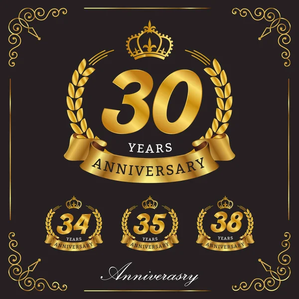 Set Logo Anniversario Oro Con Nastro Oro Corona Alloro Isolata — Vettoriale Stock