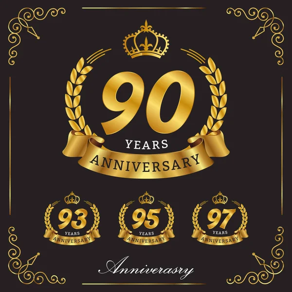 Set Golden Anniversary Logo Gold Ribbon Laurel Wreath Isolated Black — Stock Vector