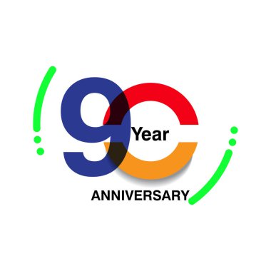 90. yıl dönümü logosu, vektör tasarımı beyaz arka planda renkli doğum günü kutlaması