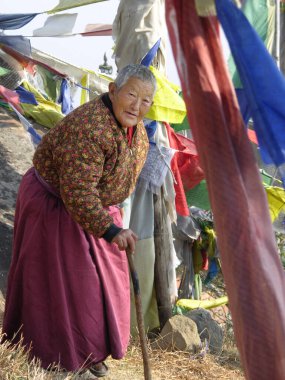 12.01.2005 Himalayalar, Daramsala, bir dağ yolunda yaşayan yaşlı bir Tibetli. Turizm.