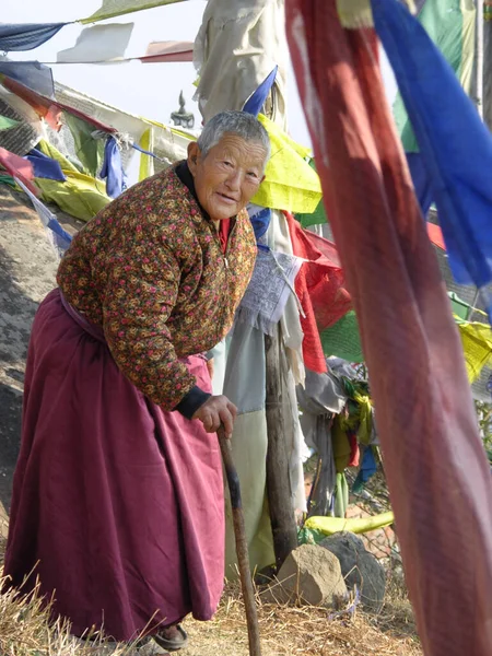 12.01.2005 Himalayalar, Daramsala, bir dağ yolunda yaşayan yaşlı bir Tibetli. Turizm.