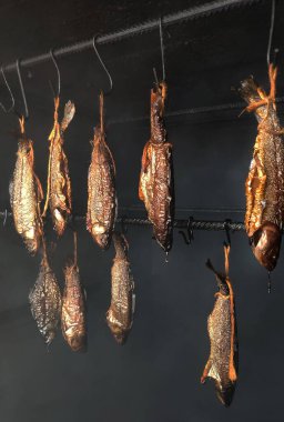 Balık bir tütsüleme evinde tüttürülür. Duman fırını. Abhazya. Tütsülenmiş ürün.